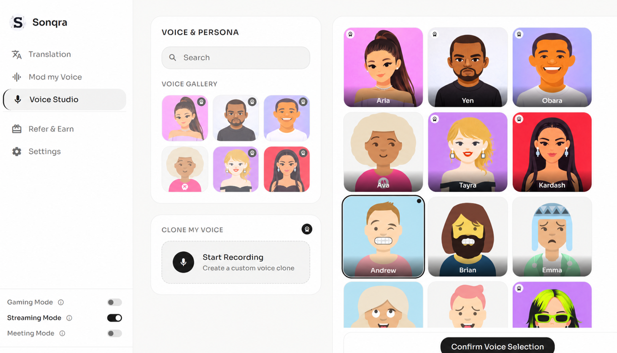 Sonqra voice studio persona selection for AI voice cloning